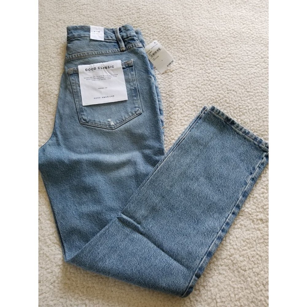 Good American Good Classic Skinnyish Fit Distressed Indigo Hi-Rise Jeans Sz 2/26